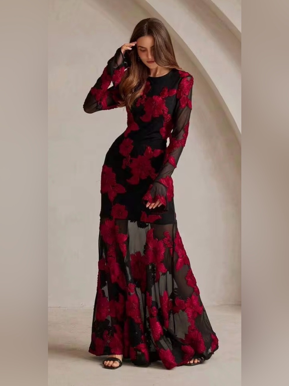 Black Maxi Formal Wedding Guest Fall Dress with Red Floral Appliqué